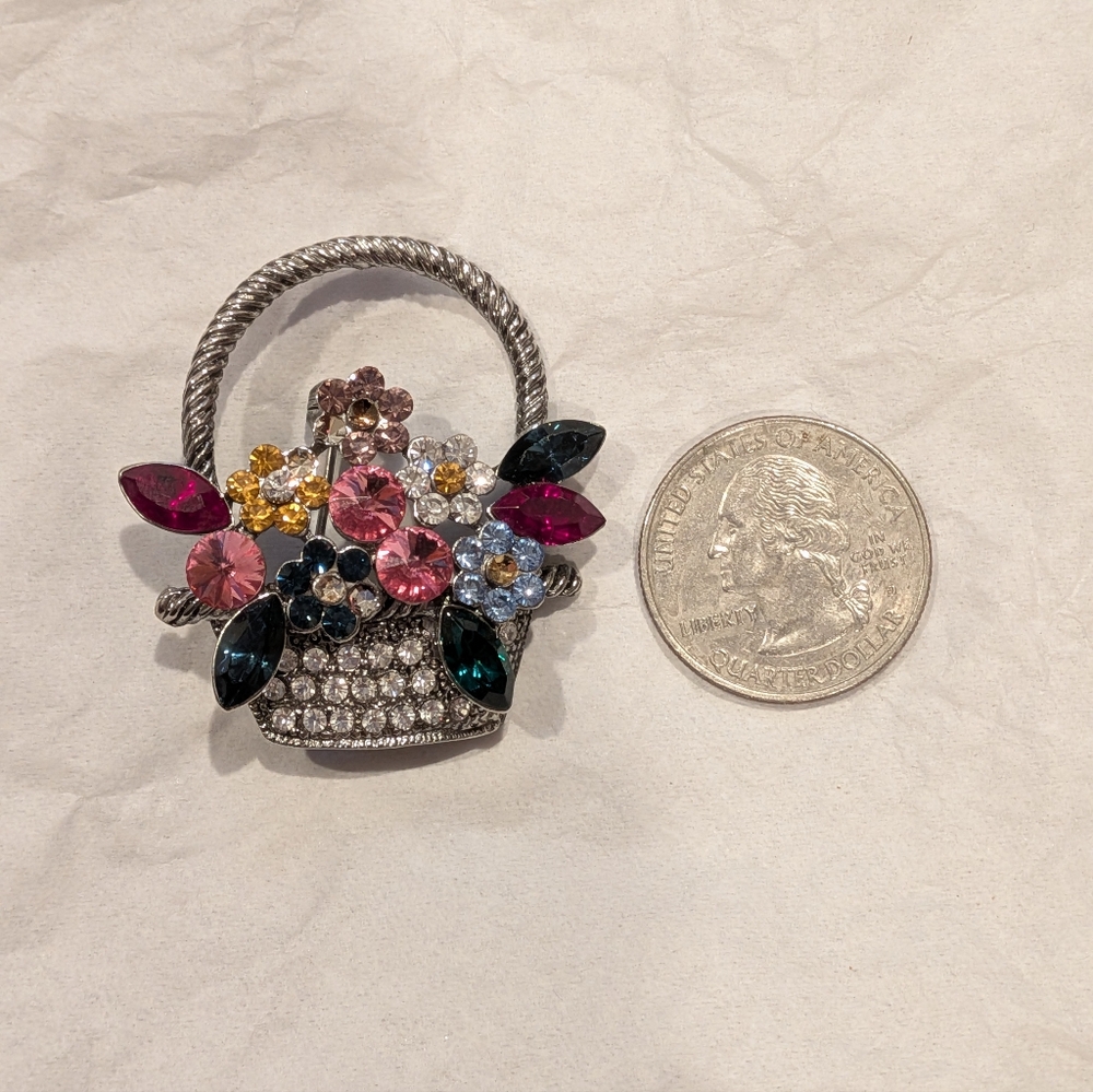 Vintage Crystal Flower Basket Brooch - Multicolor